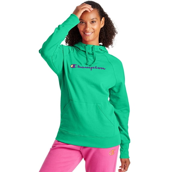 Champion Women's Athletics Powerblend Fleece Hoodie, Script Logo Green Alive M
