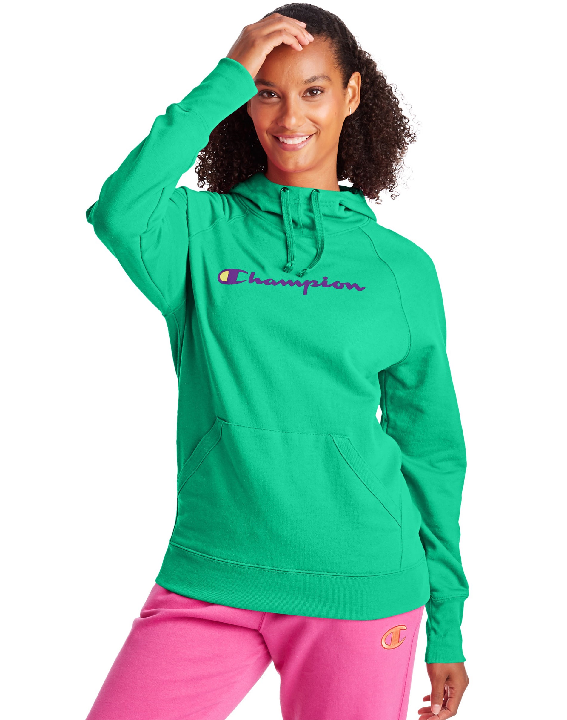 Champion Women's Athletics Powerblend Fleece Hoodie, Script Logo Green Alive XS - image 1 of 5
