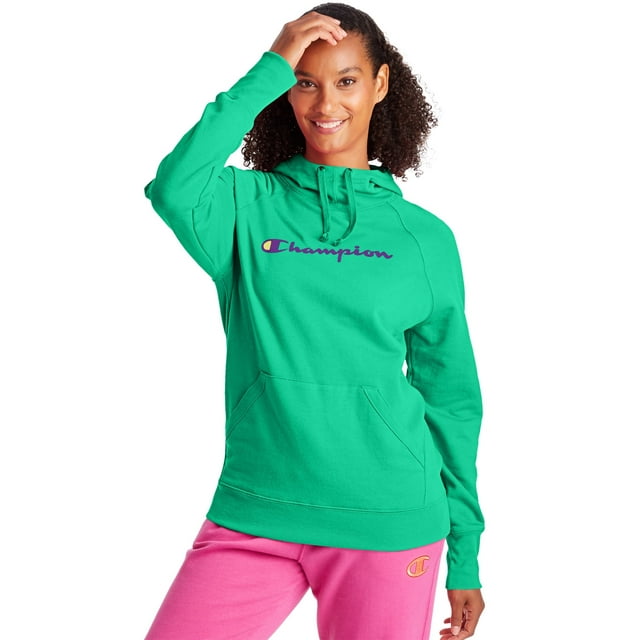 Champion Women's Athletics Powerblend Fleece Hoodie, Script Logo Green Alive XS