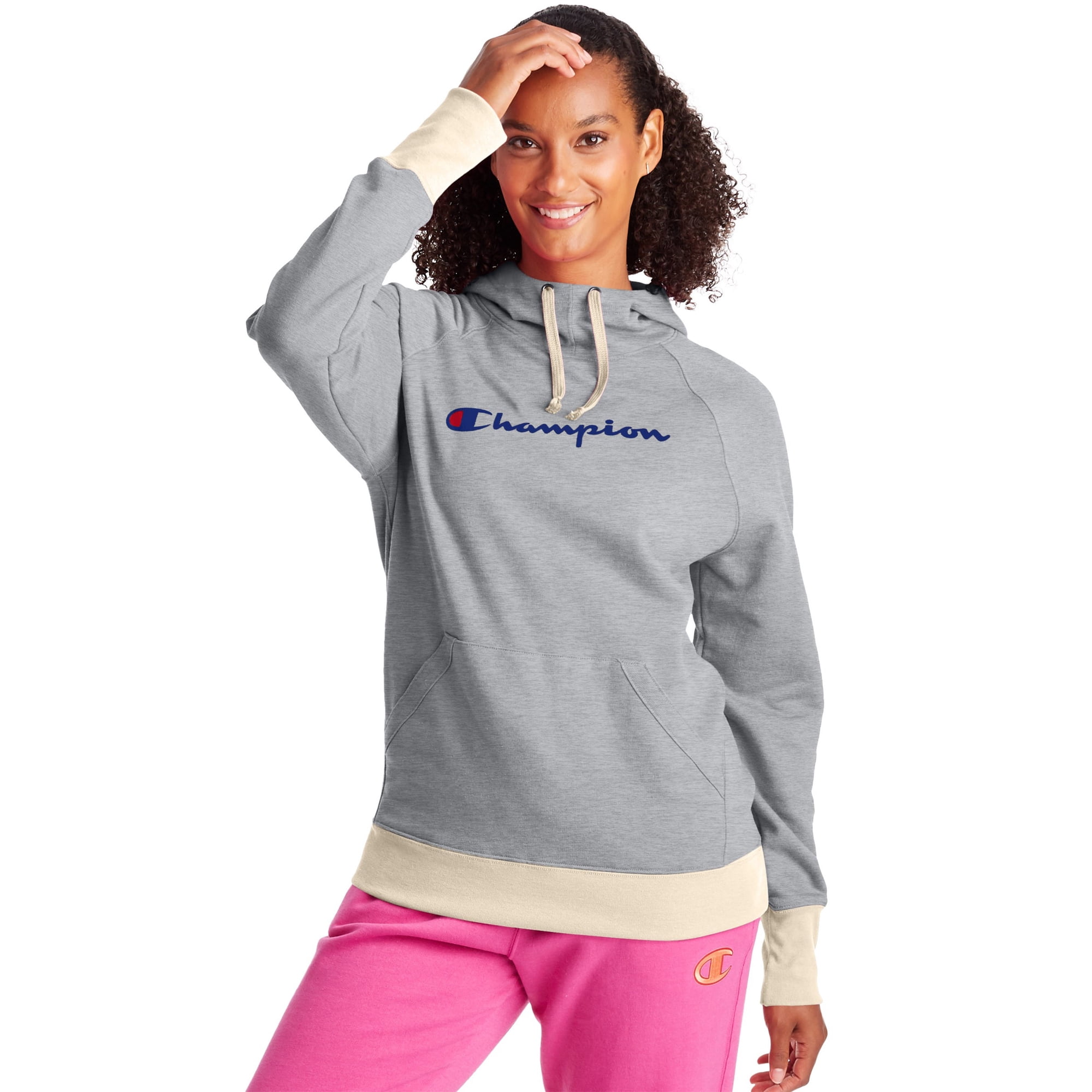 Champion Women's Athletics Powerblend Fleece Hoodie, Script Logo Oxford Grey  Heather/Oatmeal Heather L - Walmart.com