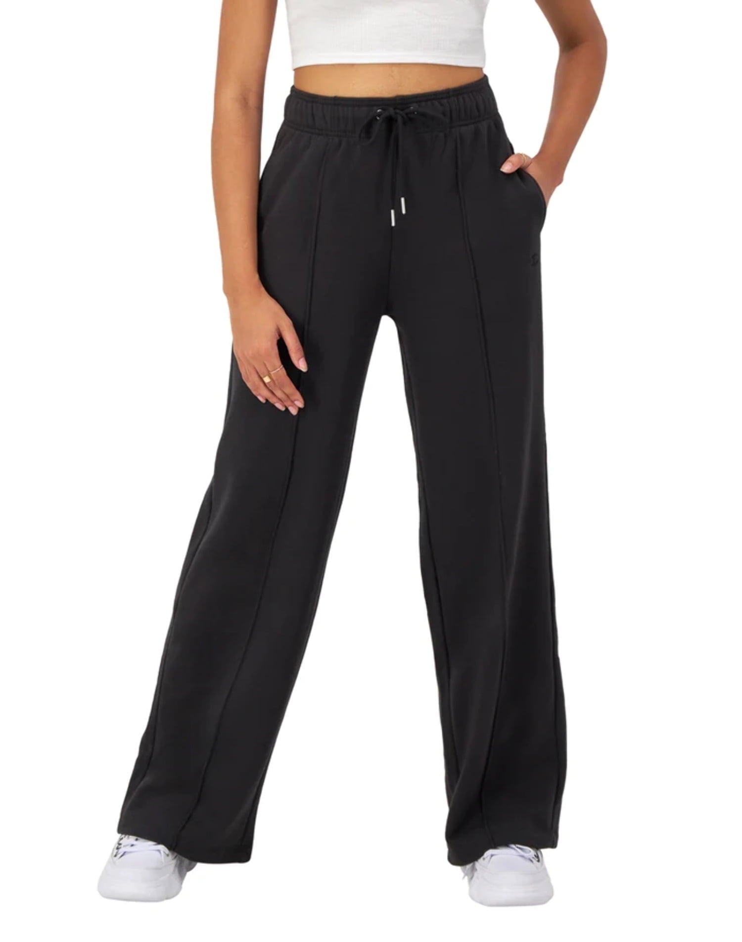 Champion Women s Classic Fleece Wide Leg Pants C Logo 31 Black ML1192 586GRB 001