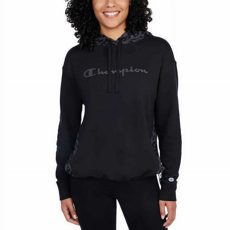 Champion Women s Color Block Logo Print Cotton Blend Hoodie Black XL