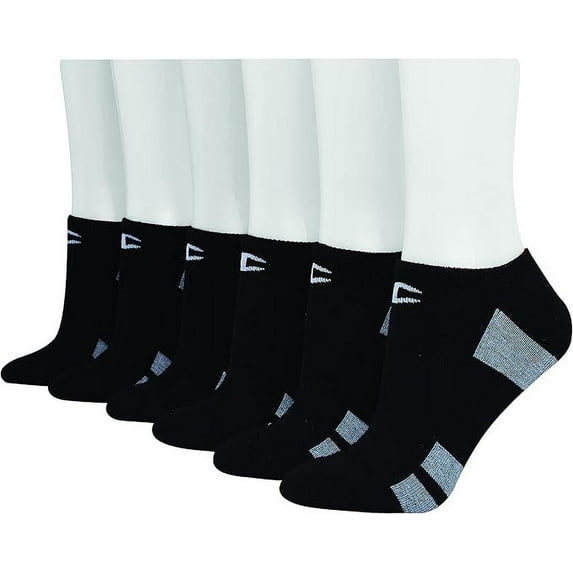 Champion® Women's Core Performance Moisture Wicking Double Dry Black No Show Socks 6 Pack Extended SIZE 8-12