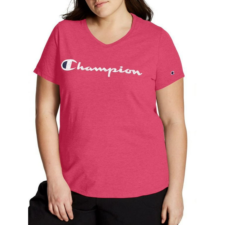 Champion Women\'s Plus Size Logo Short V-Neck T-Shirt Sleeve Graphic