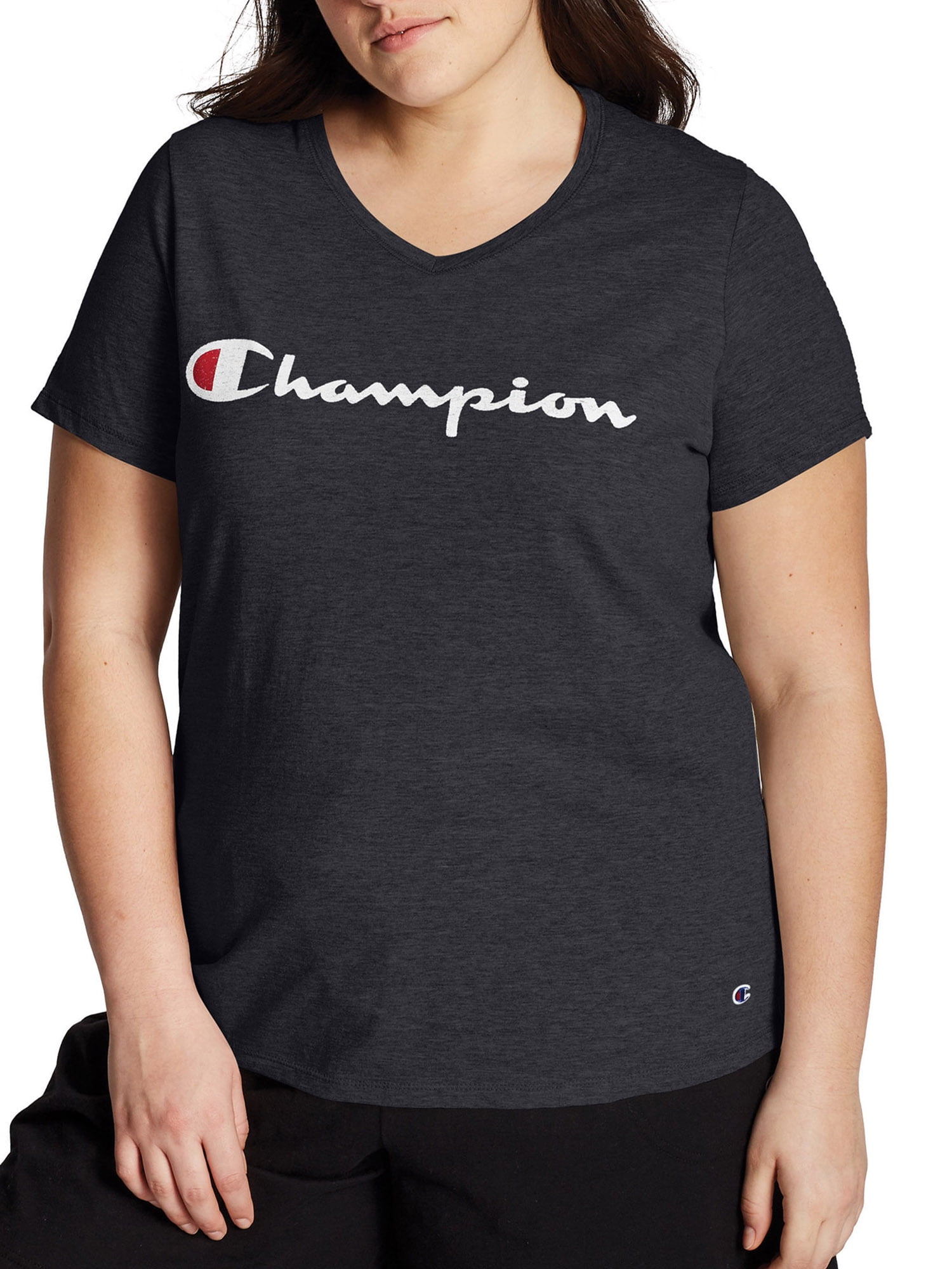 Short Graphic Sleeve Champion Plus Logo T-Shirt Women\'s V-Neck Size