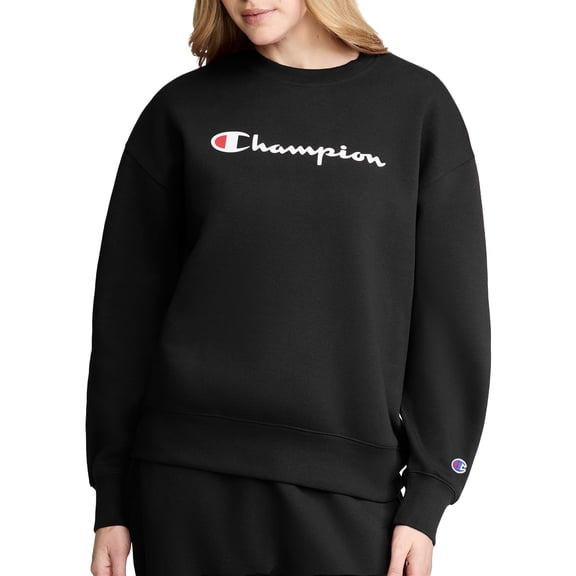 Champion Women’s Powerblend Crewneck Sweatshirt with Script Logo, Loose Fit, Midweight Fleece, Sizes S-XL