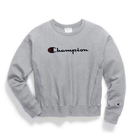 Champion Women's Reverse Weave Crew, Chainstitch Script X-Large, Oxford Gray