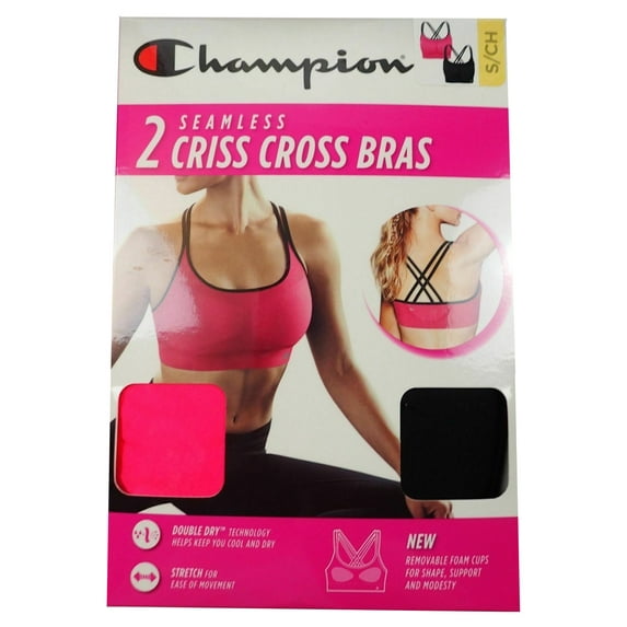 Champion Women's Seamless Criss Cross Sports Bras - 2-Pack, Black/Pink, Medium