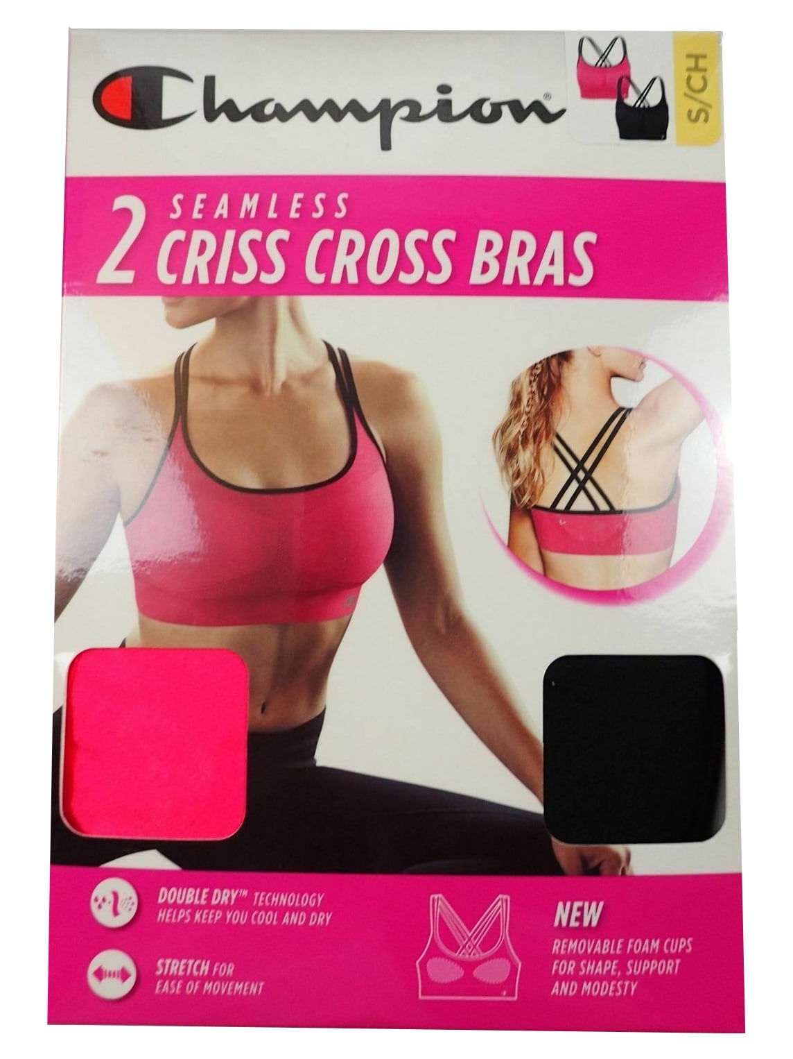 Champion Women's Seamless Criss Cross Sports Bras - 2-Pack, Black/Pink,  Small 