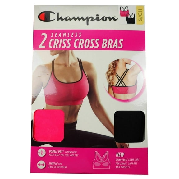 Champion Women's Seamless Criss Cross Sports Bras - 2-Pack, Black/Pink, Small