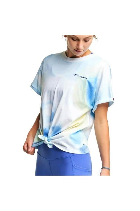 Women's Tie-Dye Print Tie-Front Soft Cotton Blend Active Yoga T-Shirt-Blue / L