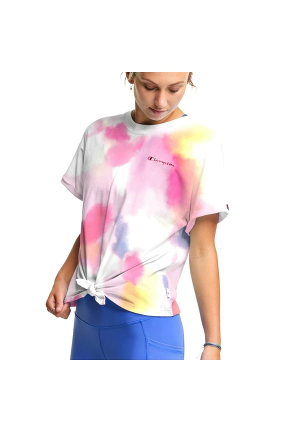 Women's Tie-Dye Print Tie-Front Soft Cotton Blend Active Yoga T-Shirt-Pink / S