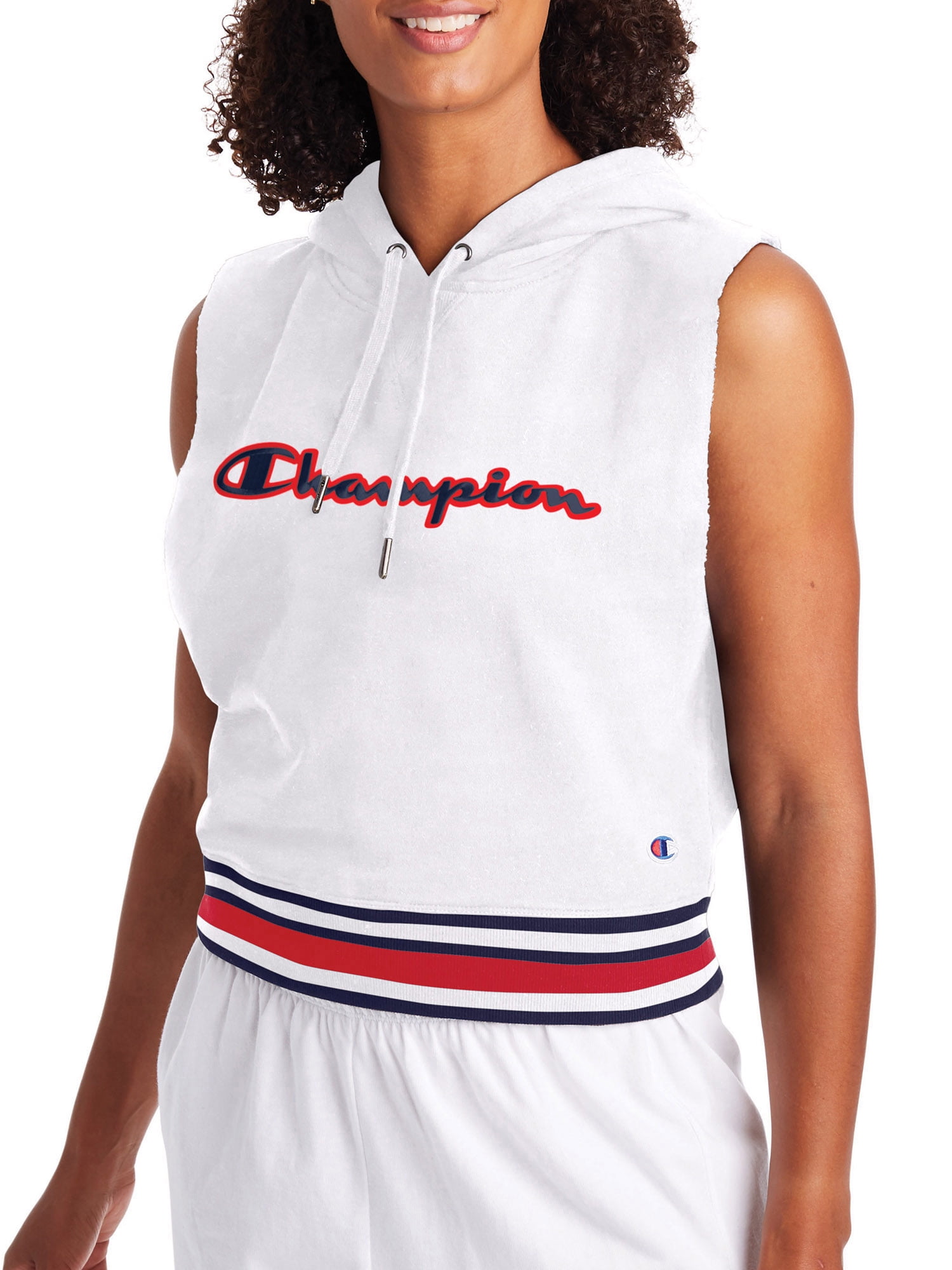 Champion Womens Campus Sleeveless French Terry Hoodie, L, White