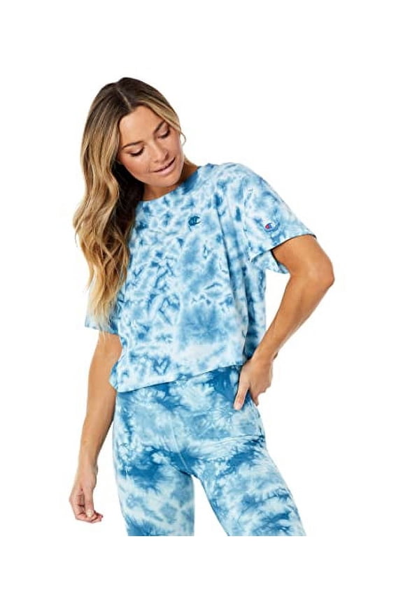 Womens Logo Fitness Tie-Dyed Crewneck Crop Shirts & Tops Crush Dye Fresh Teal M