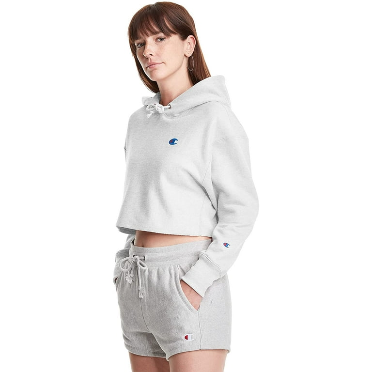 Champion Womens Reverse Weave Cropped Cut Off Hoodie Left Chest C Medium Gfs Silver Grey 549302
