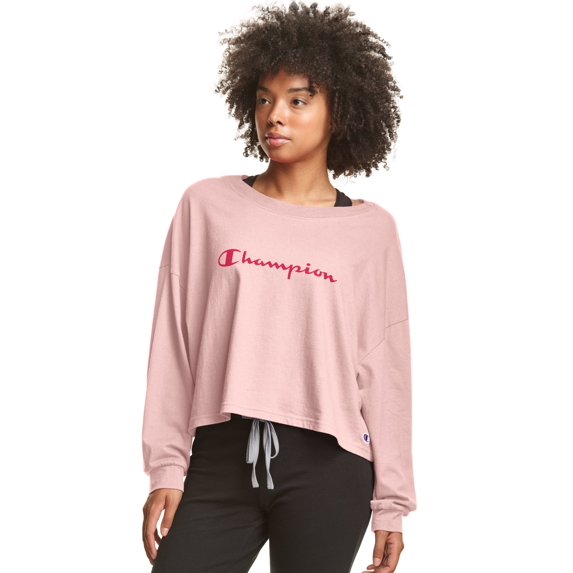Champion Womens Sleep Cropped Tee, M, Hush Pink/Deep Raspberry