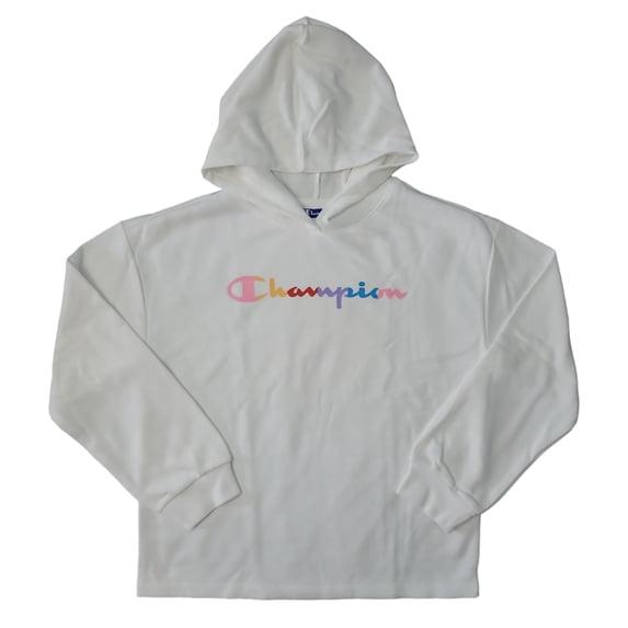 Champion Youth Girl's Long Sleeve French Terry Rainbow Script Hoodie (White, XL (16))
