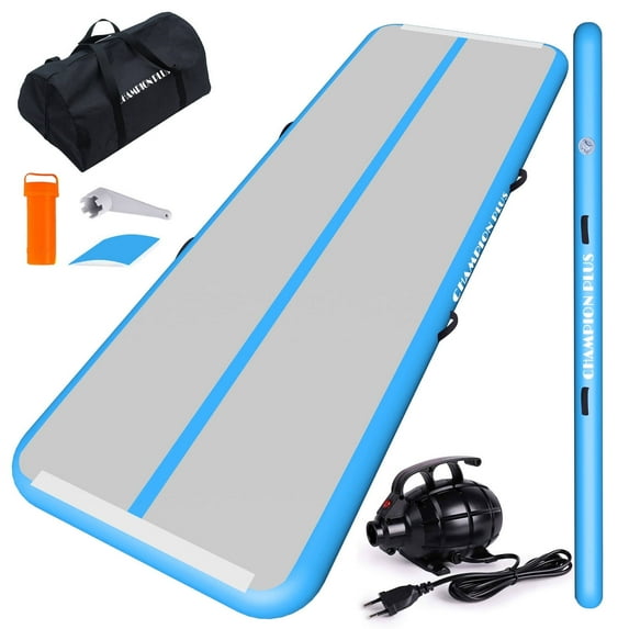 ChampionPlus 8in 20' x 6.6' Blue Exercise Mat with Electric Air Pump, Repair Kit, Carry Bag