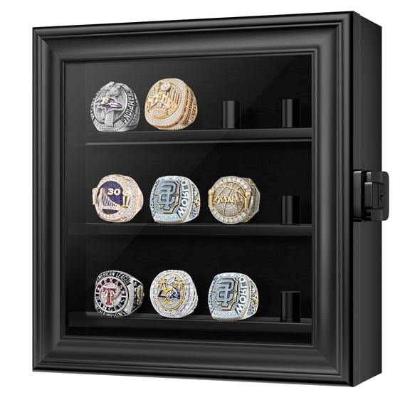 Championship Ring Display Case, 12 Ring Posts Baseball Ring Holder, Wall Mount Wooden Shadow Box for Multiple Championship Rings