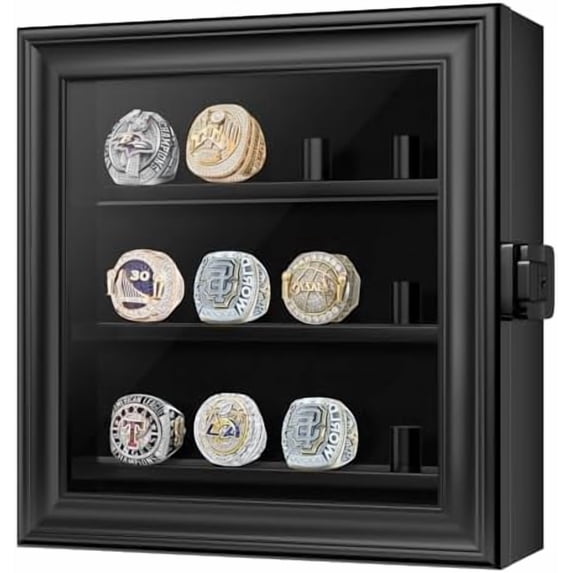Championship Ring Display Case, 12 Ring Posts Baseball Ring Holder, Wall Mount Wooden Shadow Box for Multiple Championship Rings