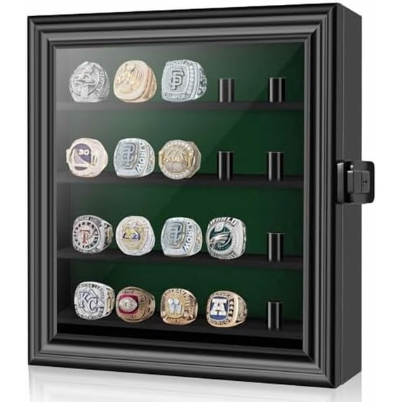 Championship Ring Display Case, Lockable Baseball Ring Holder with 20 Posts, Wooden Shadow Box Wall Mount for Multiple Rings