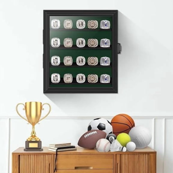Championship Ring Display Case, Lockable Baseball Ring Holder with 20 Posts, Wooden Shadow Box Wall Mount for Multiple Rings