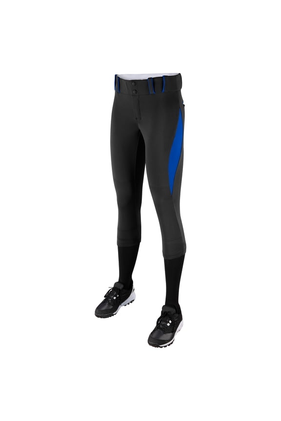 Sports Surge Traditional Low-Rise Fastpitch Softball Pants, Girls' Large, Black with Royal Pipe