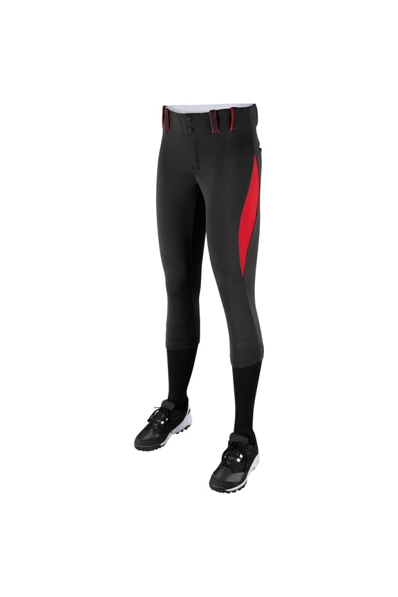 Sports Surge Traditional Low-Rise Fastpitch Softball Pants, Girls' Small, Black with Scarlet Pipe