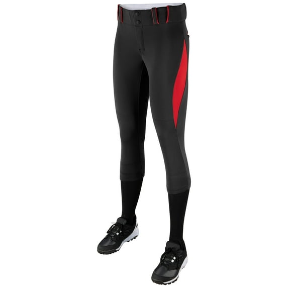 Champro Sports Surge Traditional Low-Rise Fastpitch Softball Pants, Women's Large, Black with Scarlet Pipe