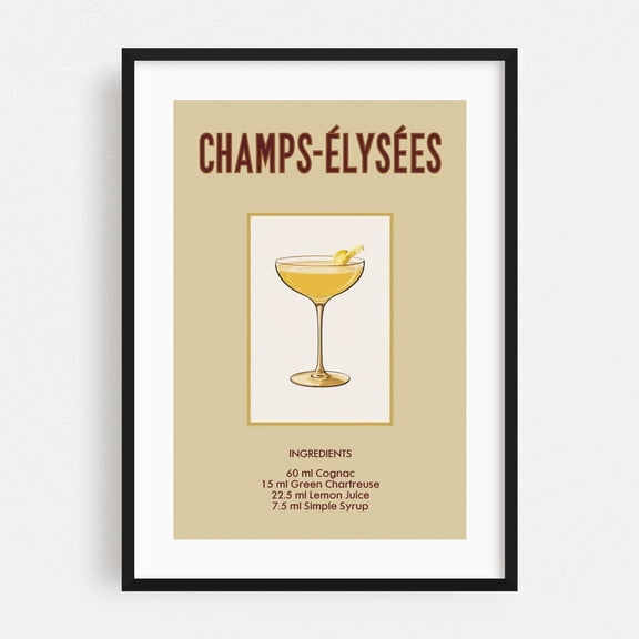 Champs Elysées - Illustration Cocktail Vintage Poster Typography Kitchen Decor Bar Retro Black Framed Wall Art Print 5 x 7 inches