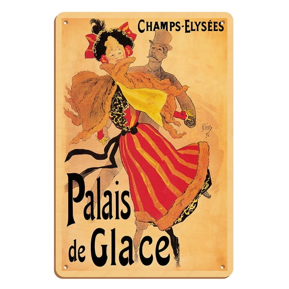 Champs Elysees Ice Palace (Palais De Glace) Skating Rink - Vintage French Advertising Poster by Jules Cheret c.1896 - 8 x 12 inch Vintage Wood Art Sign