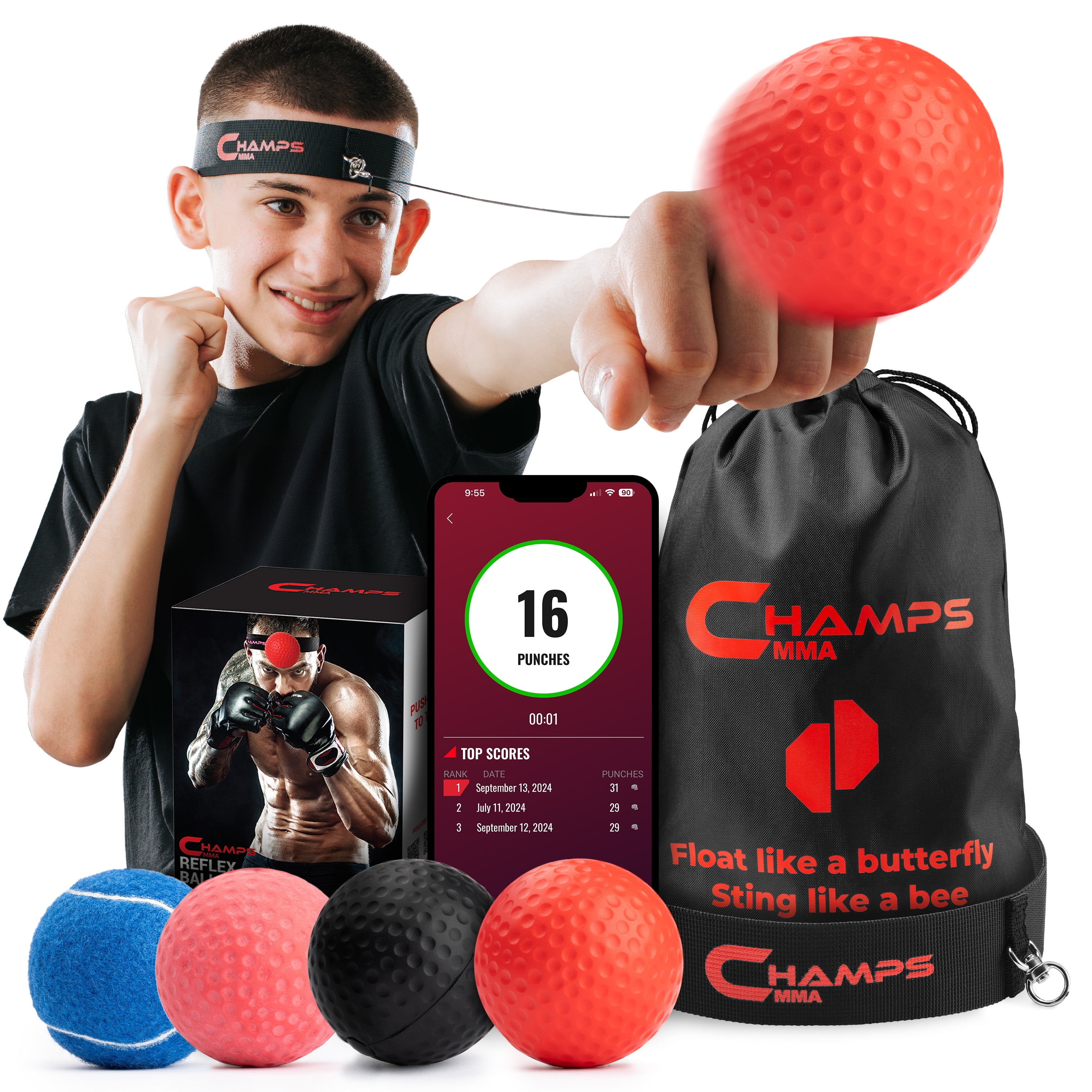 Champs MMA Boxing Reflex Ball Set of 4 Improve Speed, Hand-Eye Coordination, Boxbollen Game