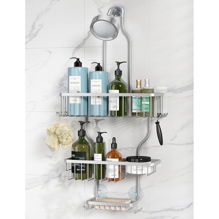 Orimade Adjustable Hanging Shower Caddy - 4 Tier Over The Shower Door Organizer With 4 Hooks, No Drilling Required (Silver)