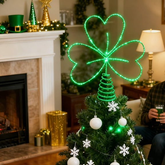 Chanana 10.6 Inch St Patrick's Day Tree Topper With Light Up Effect,Green Lucky Shamrock with Metal Base Decor,Treetop Irish Tree Decoration for St Patrick's Day Holiday Party