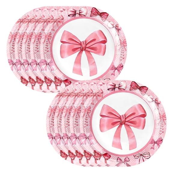 Chanana 10PCS Pink Bow Oval Paper Plates 9" Disposable Pink Gingham Bow Party Plates Disposable Coquette Cute Bow Dinnerware for Bachelorette Bridal Wedding Birthday Valentine's Day Party Decor