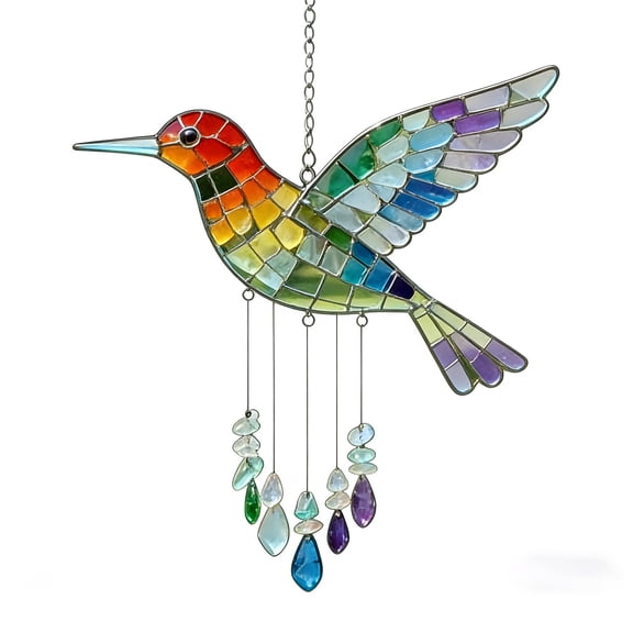 Chanana 11.8" Hummingbird Suncatchers, Sea Glass Hummingbird Wind Chime, Stained Glass Window Hanging Ornament, Rainbow Maker Crystal Prism Suncatcher Outdoor Indoor Home Garden Party Decoration