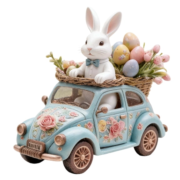 Chanana 2D Easter Bunny Acrylic Decoration, Flat Rabbit Driving Car with Colorful Eggs Ornament, Waterproof Acrylic Easter Sign for Wreath Attachment, Spring Home Table Window Party Decor