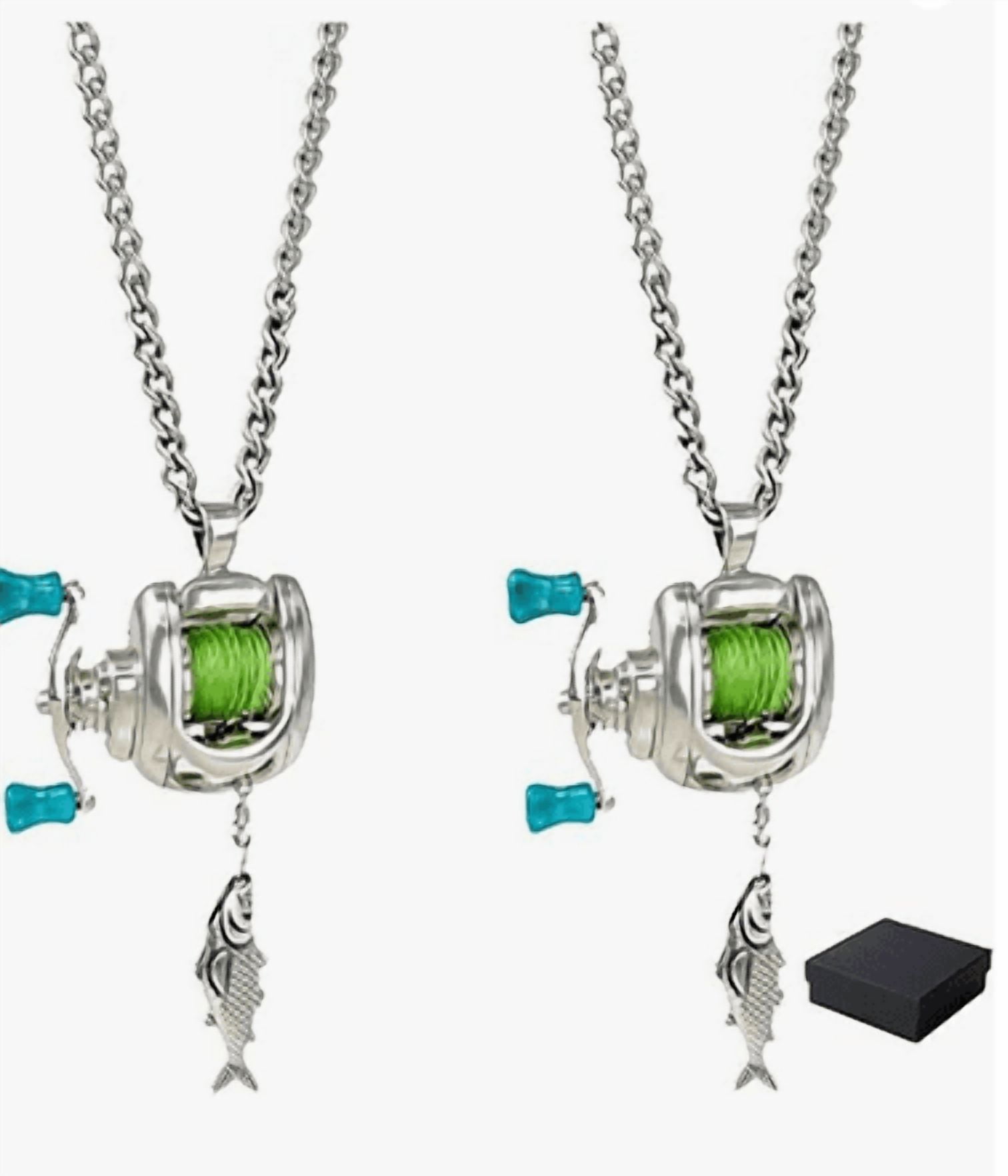 Chanana 2PCS Mini Fishing Reel Necklace, Rotating Handle & Moving Line Guide, Spinning Reel Keychain Fishing Gear Key Holder