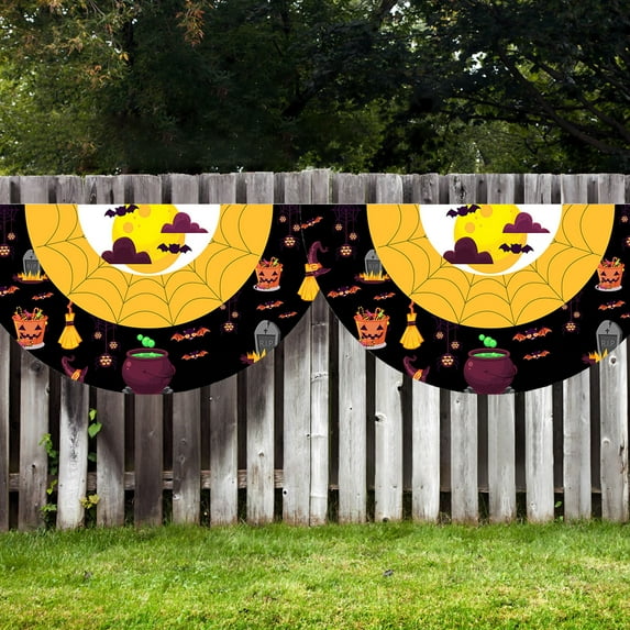 Chanana 2Pcs Halloween Pleated Fan Flag Bunting 35.13x17.72" Banner Halloween Decorations Party Supplies Wall Decor Hanging Backdrop for Outdoor Garden Fence Door Support Porch Indoor Lawn Balcony