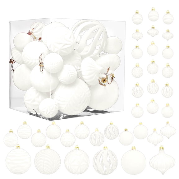 Chanana 36pcs Velvet Christmas Ball Ornaments, Flocked Shatterproof Christmas Ornaments Hanging Xmas Tree Decorations Set for Home Party Holiday Decor (Multi-Size, White)
