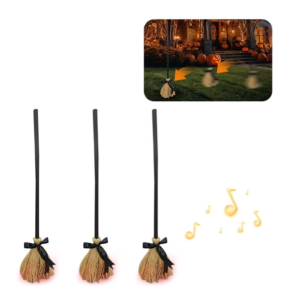 Chanana 3PC SHalloween Floating Broom, Dancing Witch Broomstick with Motion Sensor Spooky Sounds, Moving Floating Broom Halloween Prop, Animated Witch's Broomstick for House Party Decorations