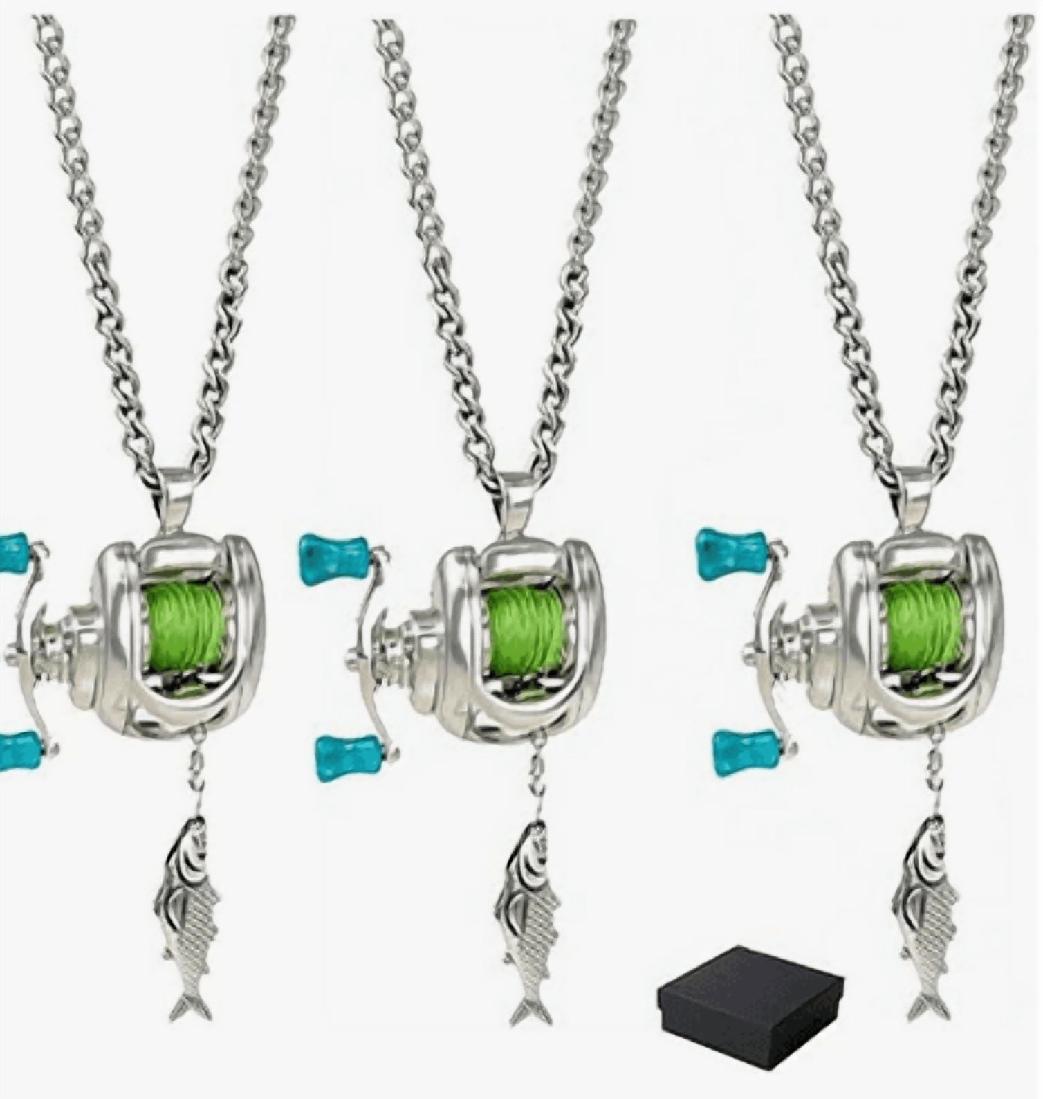 Chanana 3PCS Mini Fishing Reel Necklace, Rotating Handle & Moving Line Guide, Spinning Reel Keychain Fishing Gear Key Holder
