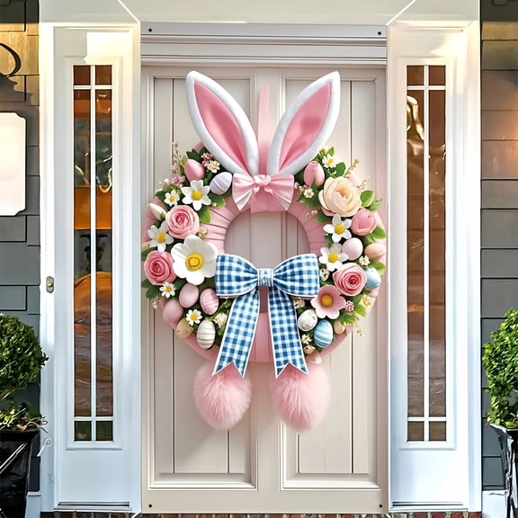 Chanana 71 x 35 Inch Happy Easter Banner Door Cover, Rabbit Ear Wreath Themed Porch Sign, Large Front Door Wall Backdrop for Indoor Outdoor Spring Party Decorations and Photo Booth Props