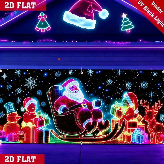 Chanana 71X157" UV Activated Christmas Garage Door Cover Banner, Glows in Dark 2D Flat Holiday Garage Door Covers with Cartoon Santa Snowman and Elf, Xmas Outdoor Indoor Party Decoration