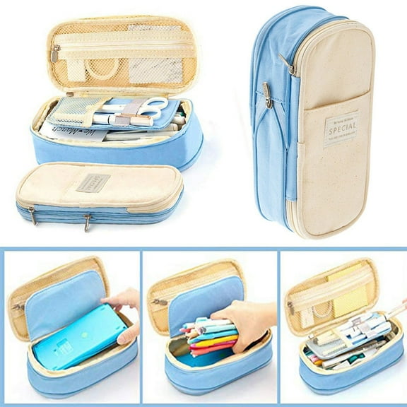 Chanana Big Capacity Pencil Pen Case Office, Zipper Pencil Case Canvas Stationery, Large Storage High Capacity Bag Pouch Holder Box Organizer Light Blue