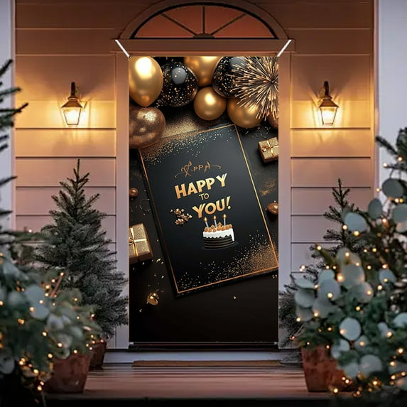 Chanana Black Happy Birthday Door Banner Black Gold Party Decorations for Women Men Large Cover Backdrop Supplies Background Poster Photo Booth 71x35inch