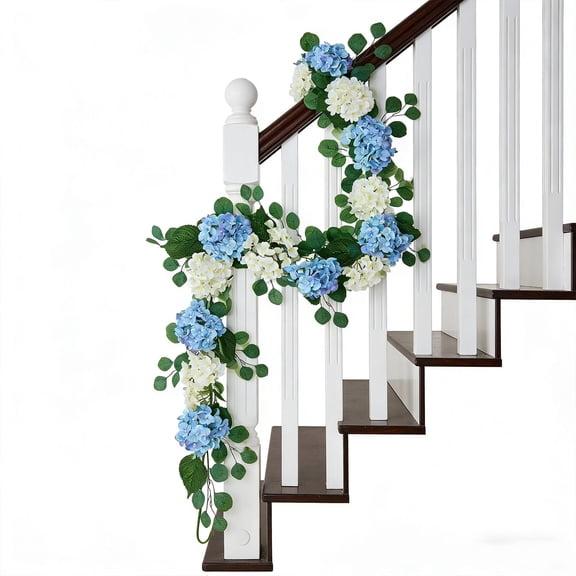 Chanana Blue White Hydrangeas Floral Garland, 6Ft Spring Summer Flower Garland, Artificial Flower White Rose Green Plants for Home Table Centrepiece Stairs Wedding Party Decorations