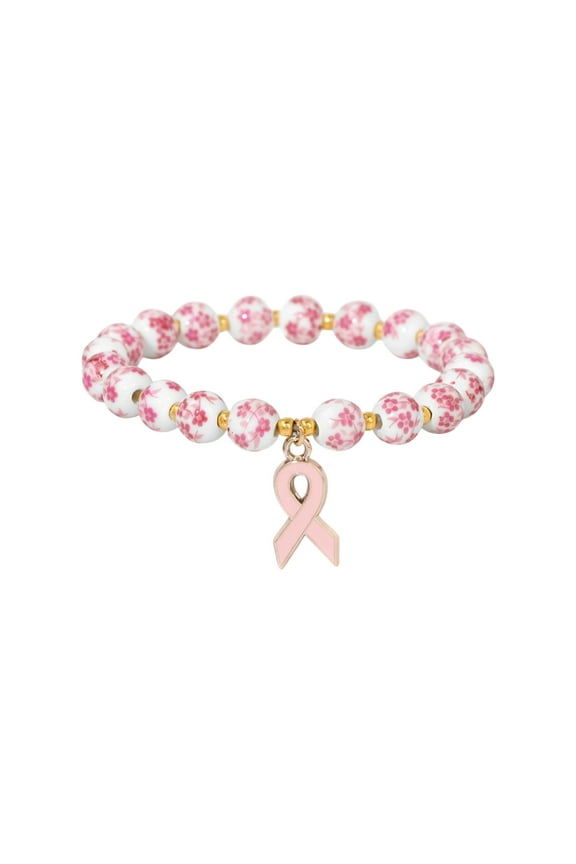 Breast Cancer Bracelets Pink Ribbon Charm Flower Glass Beaded Wrist Bracelets for Women Cancer Awareness Accessories Care Gift, Pink Charity Bracelet