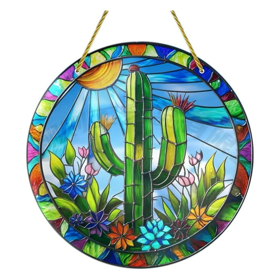 Chanana Cactus Handmade Stained Glass Window Hanging Suncatcher with Chain - 5.9" Outdoor/Indoor Art Decor for Home Garden, Wedding, Mother's, Valentine's & Christmas Ornaments Present