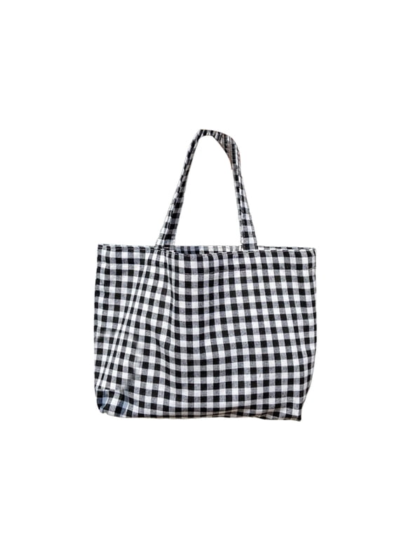 Checkered Tote Bag – Reusable Canvas Grocery Shopping Bags for Women, Portable Heavy Duty Washable Extra Large Handbag for Beach, Travel, Weekender & Daily Errands, Black
